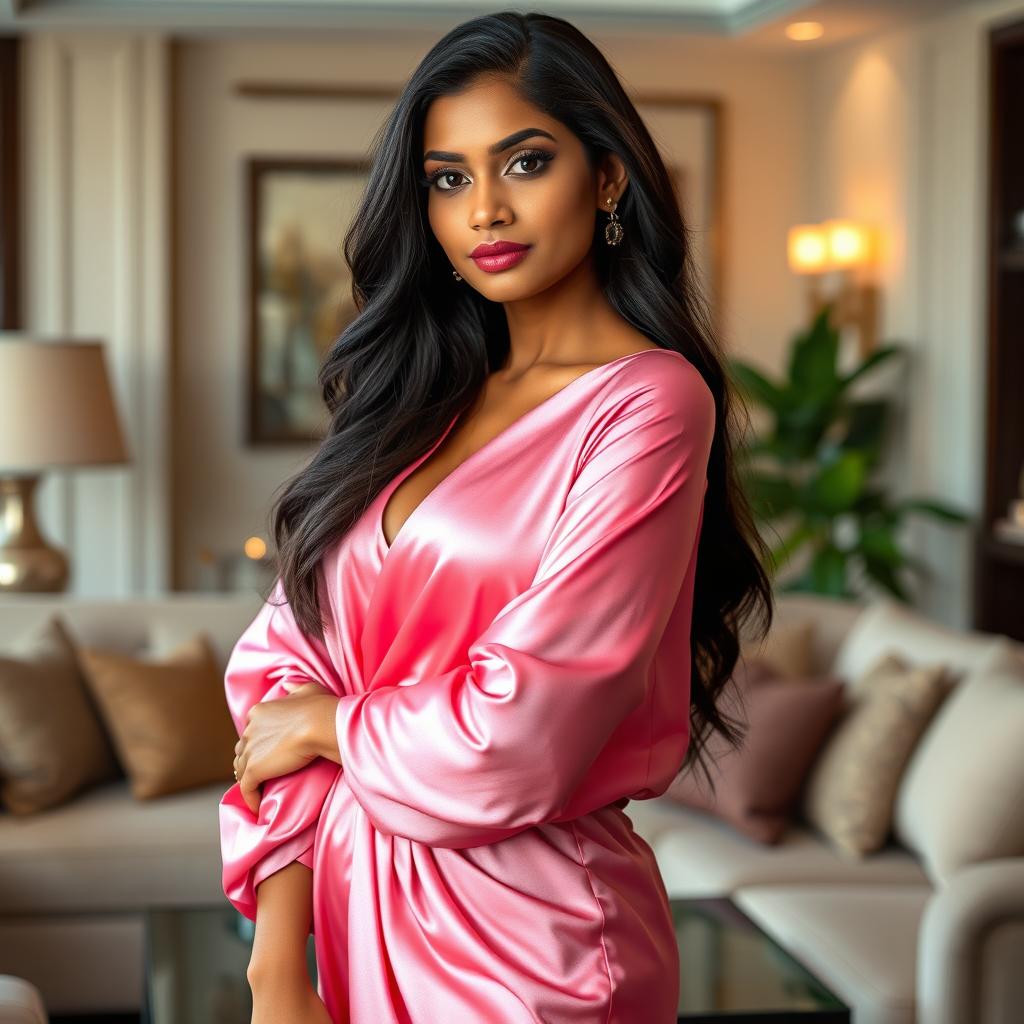 A stunning Mallu (Malayali) woman wearing a luxurious pink satin silk outfit that elegantly drapes over her figure, accentuating her curves