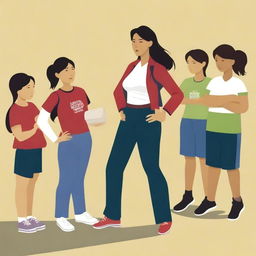 A high-resolution vector art, illustrating the struggles of an Asian female physical education teacher when teaching or coaching dangerous illegal immigrants, especially from Mexico, who are from diverse cultural backgrounds, cannot understand English, and are having difficulty grasping concepts