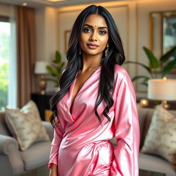 A stunning Mallu (Malayali) woman wearing a luxurious pink satin silk outfit that elegantly drapes over her figure, accentuating her curves