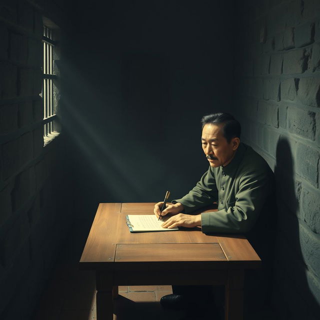 A focused and intimate scene of Ho Chi Minh writing in his prison diary under the soft glow of moonlight inside a small, enclosed room