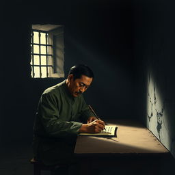 A focused and intimate scene of Ho Chi Minh writing in his prison diary under the soft glow of moonlight inside a small, enclosed room