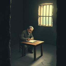 A focused and intimate scene of Ho Chi Minh writing in his prison diary under the soft glow of moonlight inside a small, enclosed room