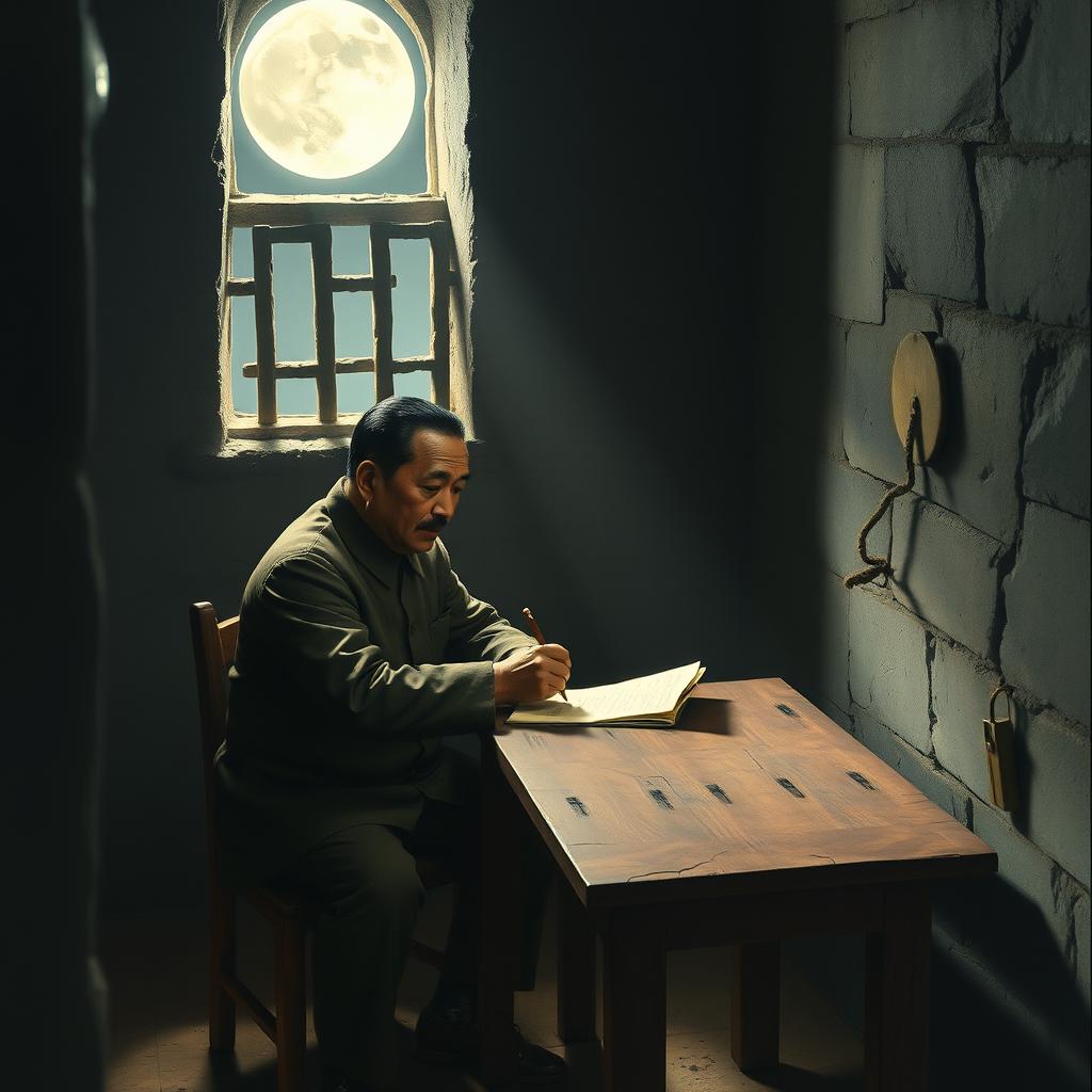 A focused and intimate scene of Ho Chi Minh writing in his prison diary under the soft glow of moonlight inside a small, enclosed room