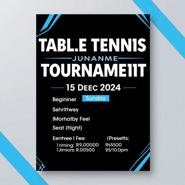 A dynamic poster for a table tennis tournament designed in a striking black and blue theme