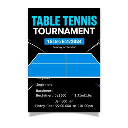 A dynamic poster for a table tennis tournament designed in a striking black and blue theme
