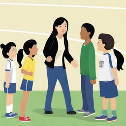 A high-resolution vector art, illustrating the struggles of an Asian female physical education teacher attempting to coach dangerous illegal immigrants, particularly from Mexico, who cannot grasp concepts or speak the same language