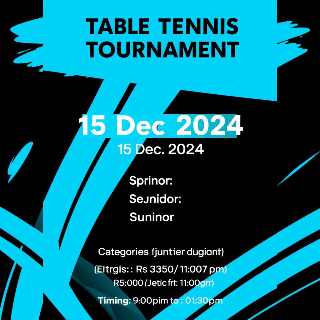 A dynamic poster for a table tennis tournament designed in a striking black and blue theme