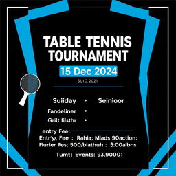A dynamic poster for a table tennis tournament designed in a striking black and blue theme