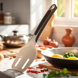A modern, collapsible spatula with a sleek design, showcasing its foldable mechanism