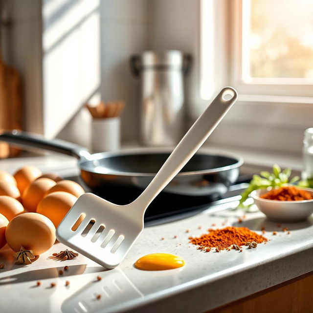 A modern, collapsible spatula with a sleek design, showcasing its foldable mechanism