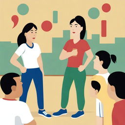 A high-resolution vector art, illustrating the struggles of an Asian female physical education teacher attempting to coach dangerous illegal immigrants, particularly from Mexico, who cannot grasp concepts or speak the same language