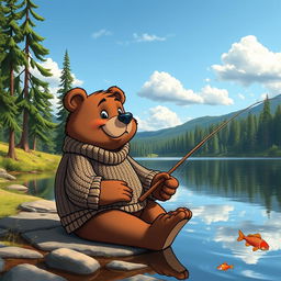 A grown-up cartoon bear wearing a stylish, knitted sweater, eagerly sitting on the edge of a tranquil lake while fishing