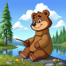 A grown-up cartoon bear wearing a stylish, knitted sweater, eagerly sitting on the edge of a tranquil lake while fishing