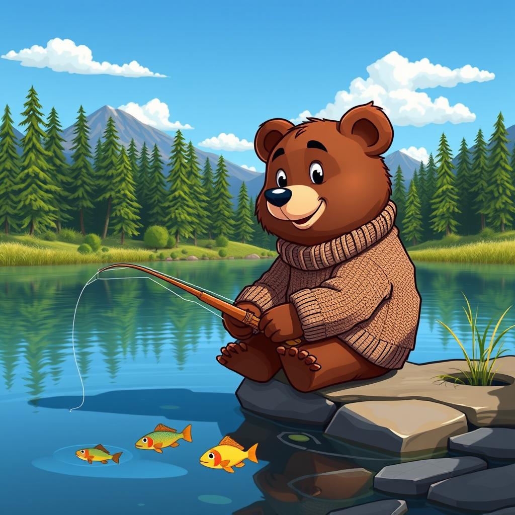 A grown-up cartoon bear wearing a stylish, knitted sweater, eagerly sitting on the edge of a tranquil lake while fishing