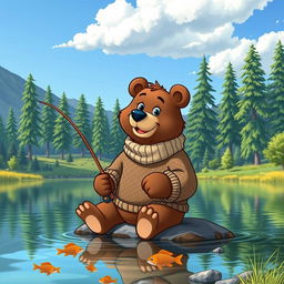 A grown-up cartoon bear wearing a stylish, knitted sweater, eagerly sitting on the edge of a tranquil lake while fishing