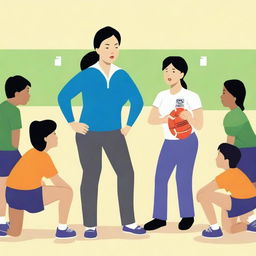 A high-resolution vector art, illustrating the struggles of an Asian female physical education teacher attempting to coach dangerous illegal immigrants, particularly from Mexico, who cannot grasp concepts or speak the same language