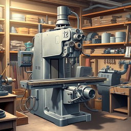 A detailed illustration of a horizontal milling machine in a workshop setting