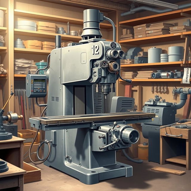 A detailed illustration of a horizontal milling machine in a workshop setting