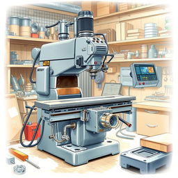 A detailed illustration of a horizontal milling machine in a workshop setting