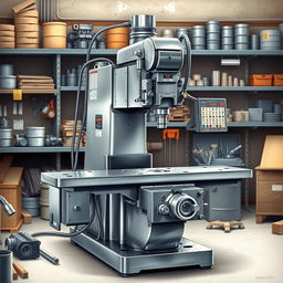 A detailed illustration of a horizontal milling machine in a workshop setting