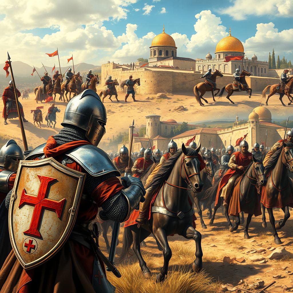 A grand historical depiction of the Crusades, showcasing the various pivotal moments from the First Crusade to the end