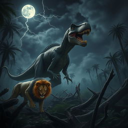 A lion with glowing, menacing eyes is crouched low amidst the broken jungle undergrowth, its muscles taut and ready to pounce