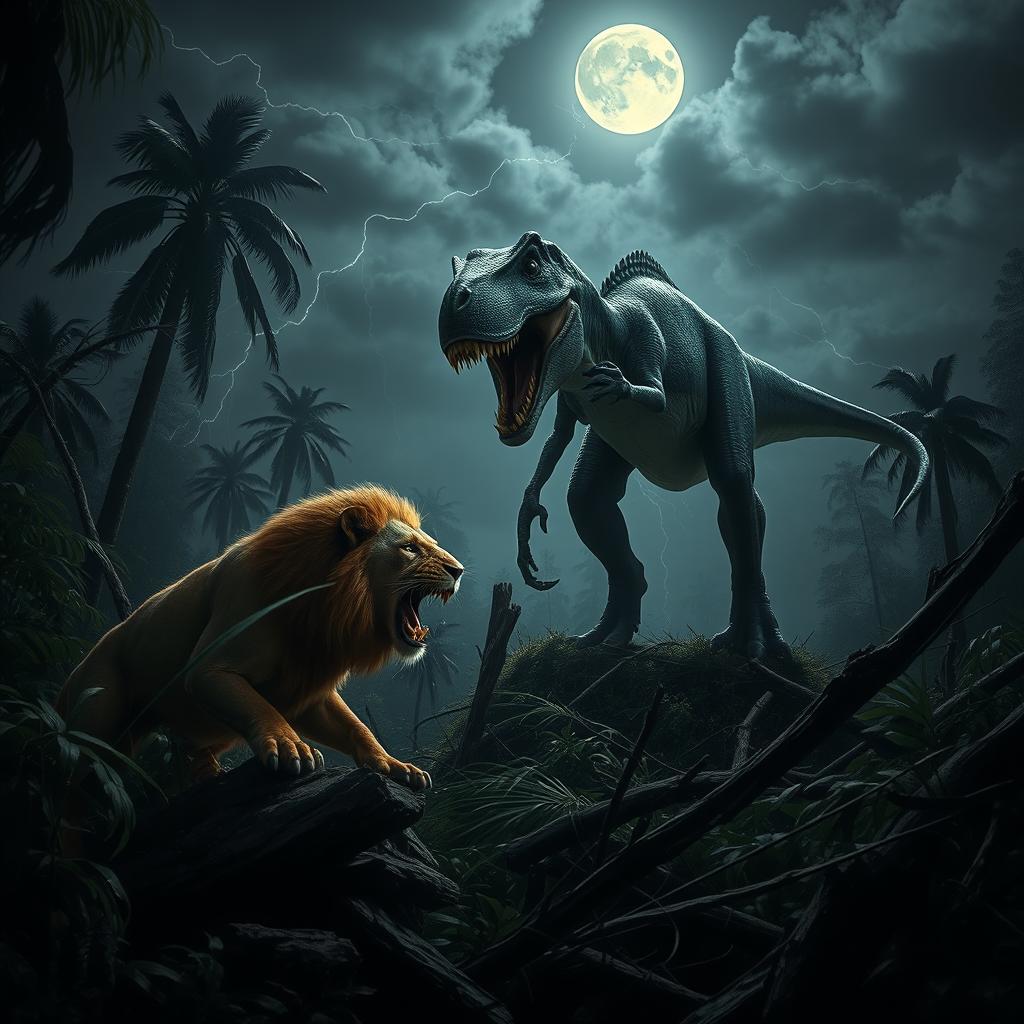 A lion with glowing, menacing eyes is crouched low amidst the broken jungle undergrowth, its muscles taut and ready to pounce