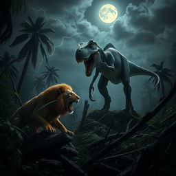 A lion with glowing, menacing eyes is crouched low amidst the broken jungle undergrowth, its muscles taut and ready to pounce