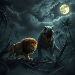 A lion with glowing, menacing eyes is crouched low amidst the broken jungle undergrowth, its muscles taut and ready to pounce