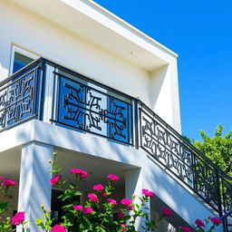 A modern residential house featuring elegant steel railings on the balcony and staircase
