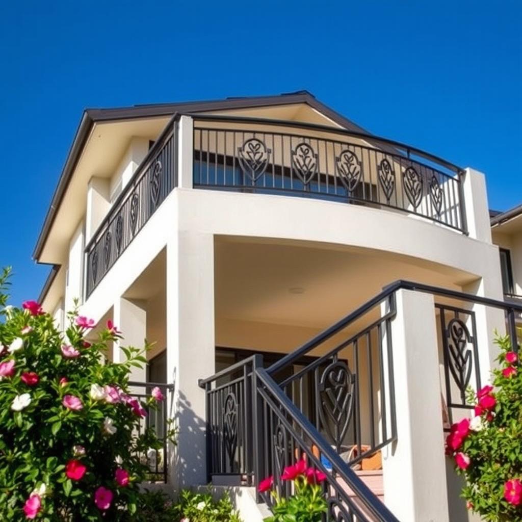 A modern residential house featuring elegant steel railings on the balcony and staircase