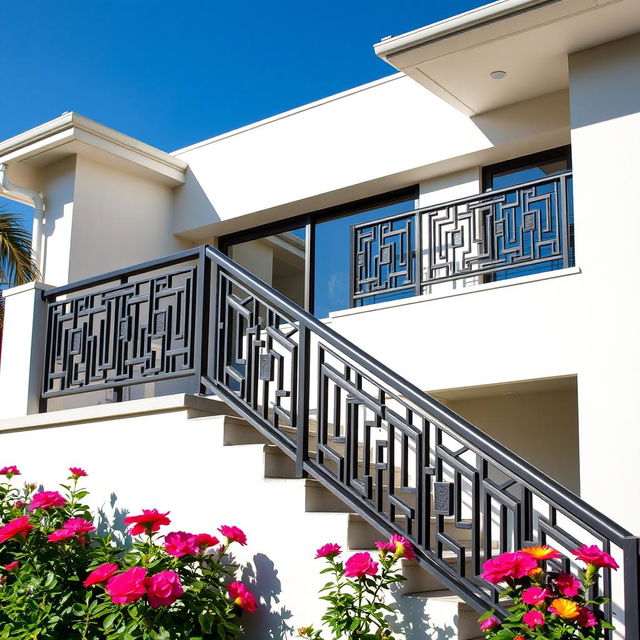 A modern residential house featuring elegant steel railings on the balcony and staircase