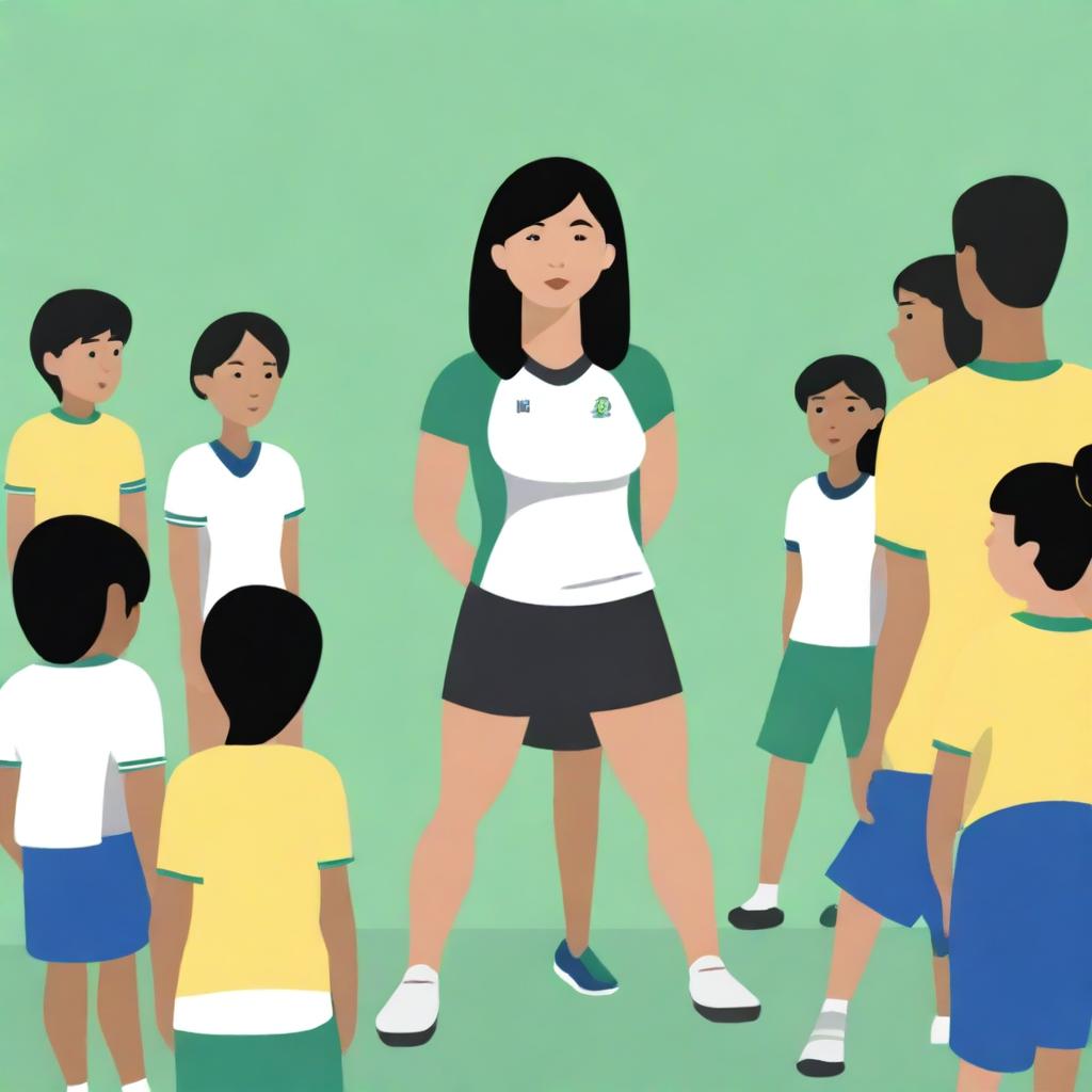 A high-resolution vector art, illustrating the struggles of an Asian female physical education teacher attempting to coach dangerous illegal immigrants, particularly from Mexico, who cannot grasp concepts or speak the same language