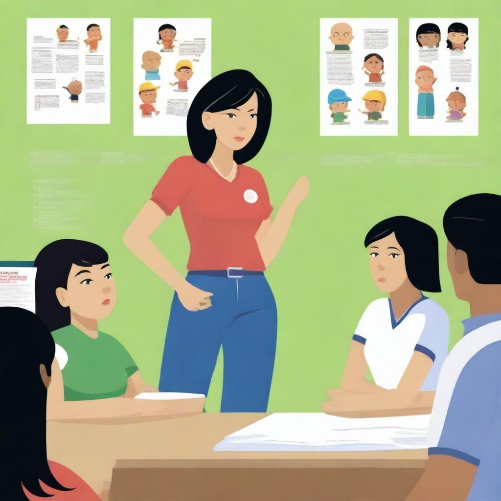 A high-resolution vector art, illustrating the struggles of an Asian female physical education teacher attempting to coach dangerous illegal immigrants, particularly from Mexico, who cannot grasp concepts or speak the same language