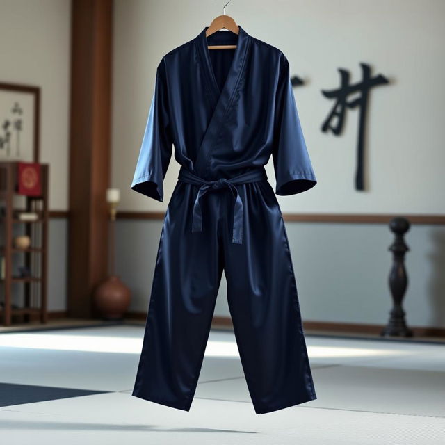 A pair of luxurious satin judo pajamas, featuring an elegant design with a deep navy blue color