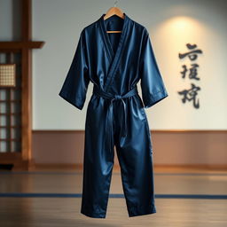 A pair of luxurious satin judo pajamas, featuring an elegant design with a deep navy blue color