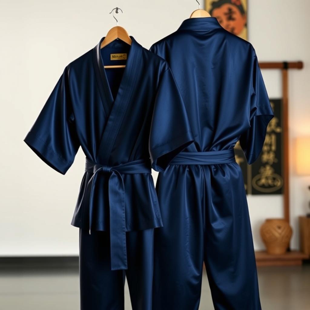 A pair of luxurious satin judo pajamas, featuring an elegant design with a deep navy blue color