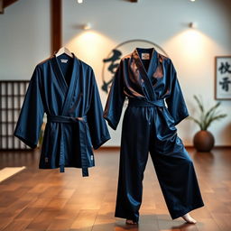 A pair of luxurious satin judo pajamas, featuring an elegant design with a deep navy blue color