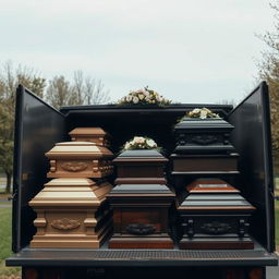 A somber scene showing several funeral boxes (caskets) neatly arranged in the back of a lorry