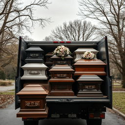 A somber scene showing several funeral boxes (caskets) neatly arranged in the back of a lorry