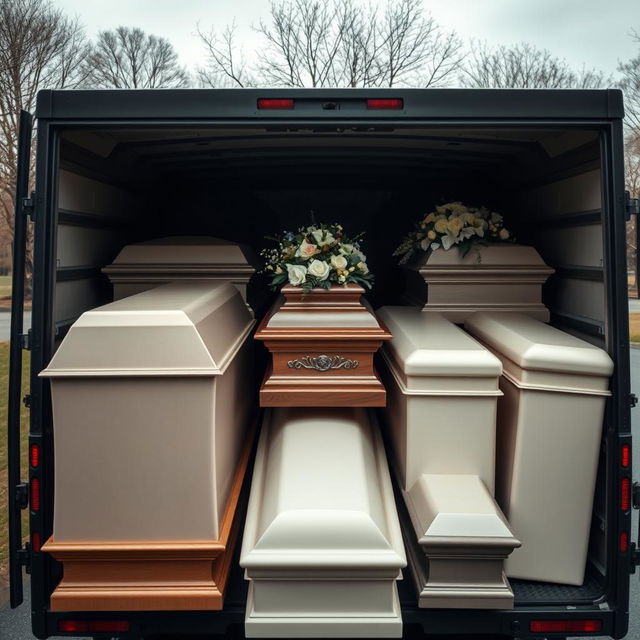 A somber scene showing several funeral boxes (caskets) neatly arranged in the back of a lorry