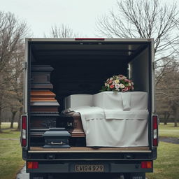 A somber scene showing several funeral boxes (caskets) neatly arranged in the back of a lorry