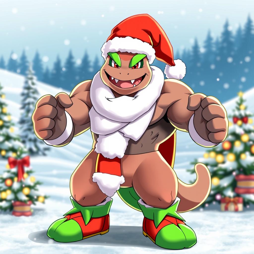 A festive Machamp dressed in a cheerful Christmas costume