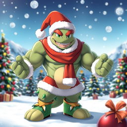 A festive Machamp dressed in a cheerful Christmas costume