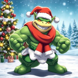 A festive Machamp dressed in a cheerful Christmas costume
