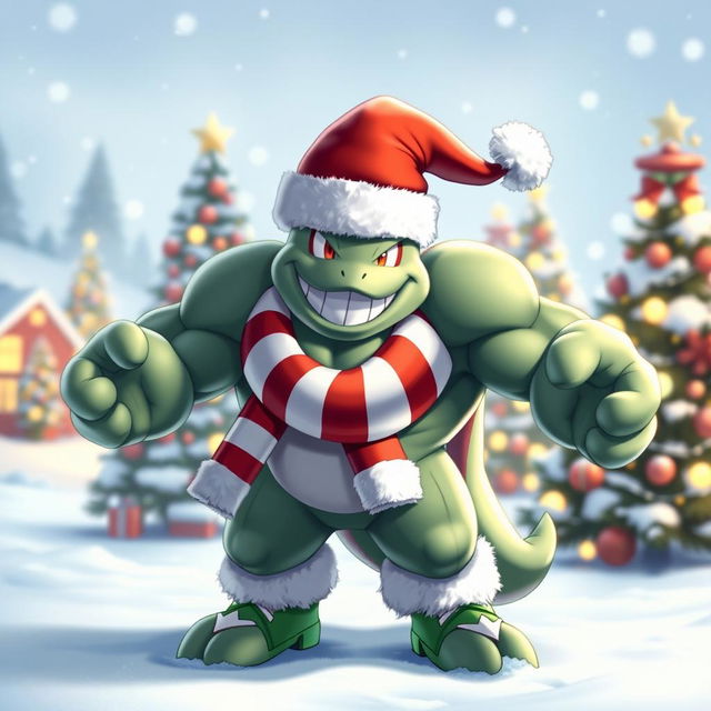 A festive Machamp dressed in a cheerful Christmas costume