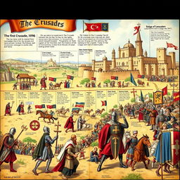 A detailed illustration depicting the history of the Crusades, beginning with the First Crusade in 1096 and culminating in the end of the Crusading movement