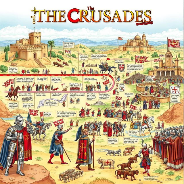 A detailed illustration depicting the history of the Crusades, beginning with the First Crusade in 1096 and culminating in the end of the Crusading movement