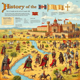 A detailed illustration depicting the history of the Crusades, beginning with the First Crusade in 1096 and culminating in the end of the Crusading movement