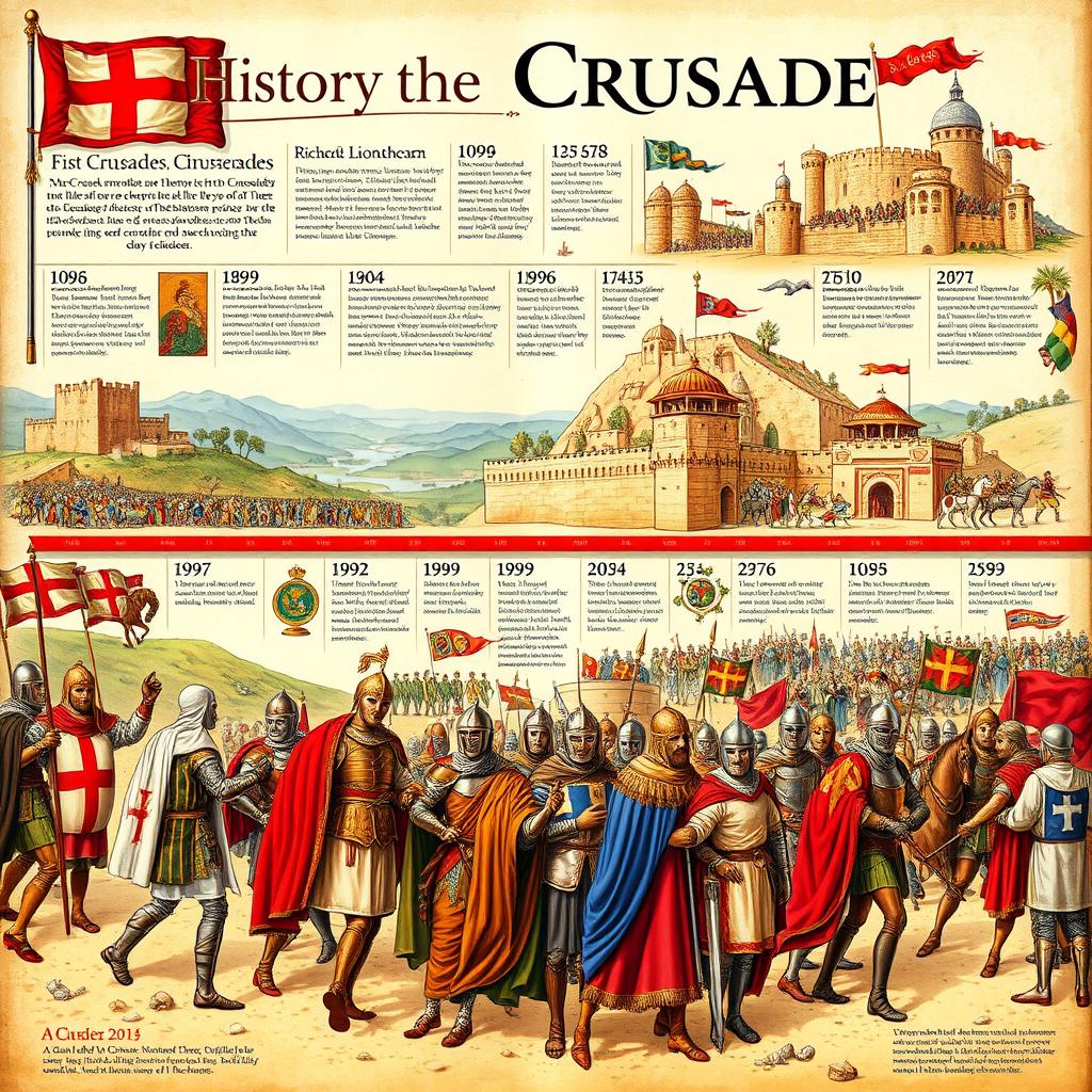 A detailed illustration depicting the history of the Crusades, beginning with the First Crusade in 1096 and culminating in the end of the Crusading movement